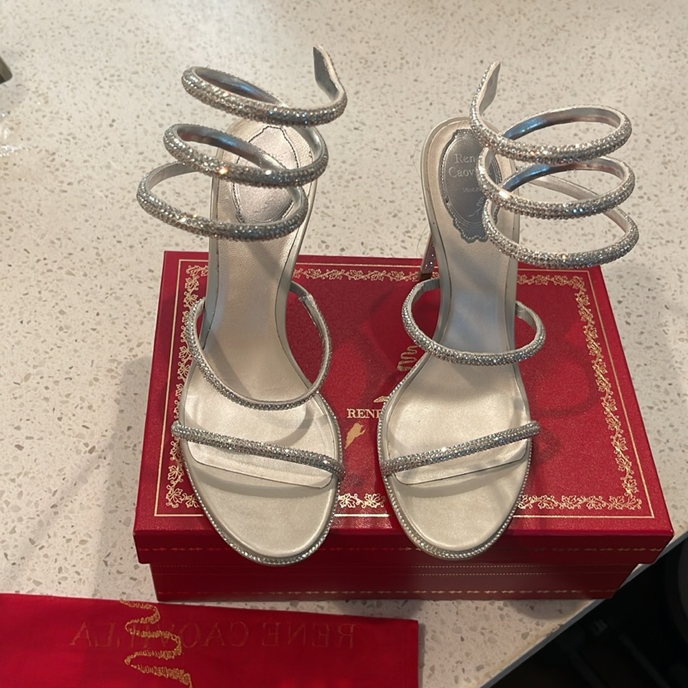 Rene Caovilla Cleo Silver Crystal Embellished Wrap Heel Sandals 39.5 Brand New